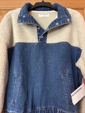 Raisonel Cream Sherpa & Blue Denim Pullover Jacket Top Small NEW